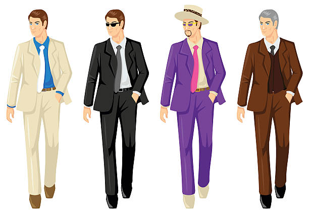 Set of Men In Different Suit Set of men in different suit isolated on white pimp stock illustrations