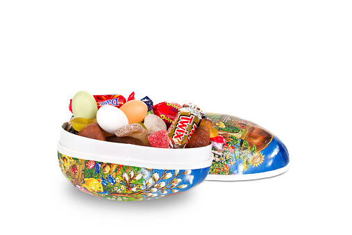 Goteborg, Sweden - January 5, 2014: Easter eggs with assorted candies that are available for purchase including Sweden. This is a common way to give candy to someone during Easter time.