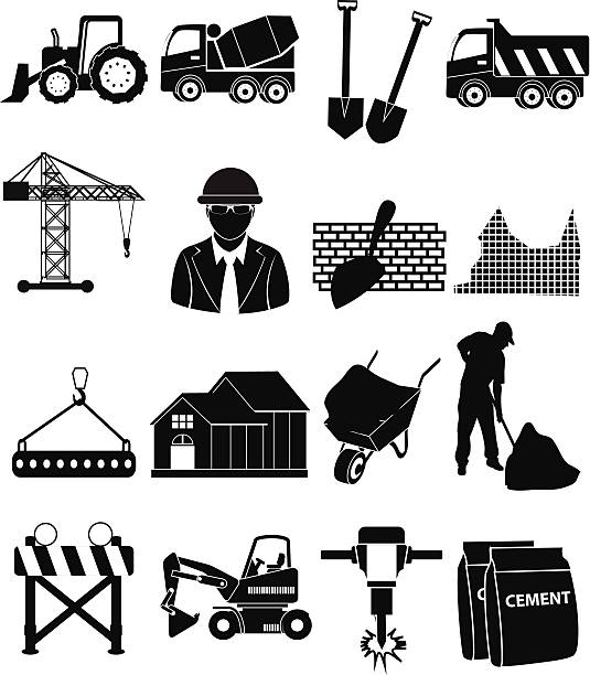 строительство иконки набор - bulldozer dozer construction equipment construction machinery stock illustrations