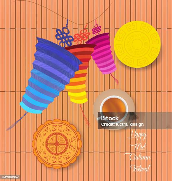 Mid Autumn Lantern Festival Background With Moon Cake And Tea Stock Illustration - Download Image Now