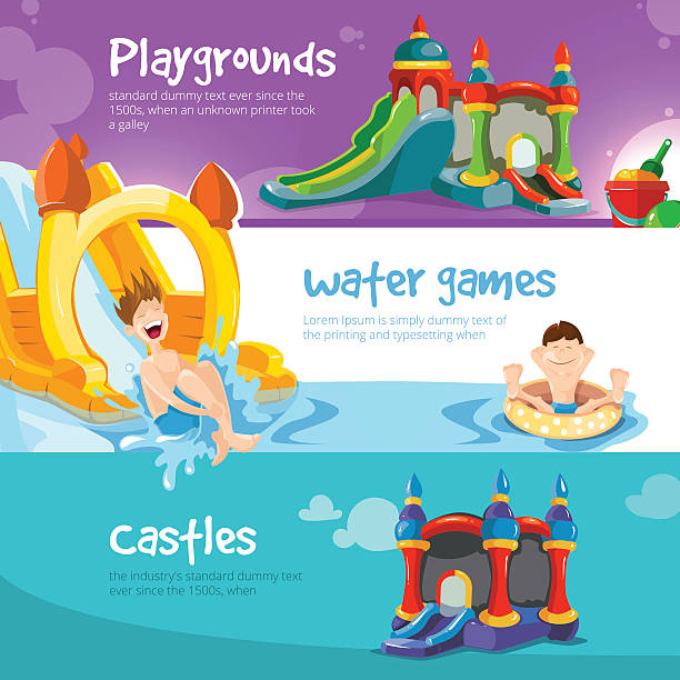illustrations, cliparts, dessins animés et icônes de château gonflable et collines sur un terrain de jeu pour les enfants - inflatable child playground leisure games