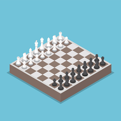 Isometric chess piece or chessmen with board, competition, business strategy concept