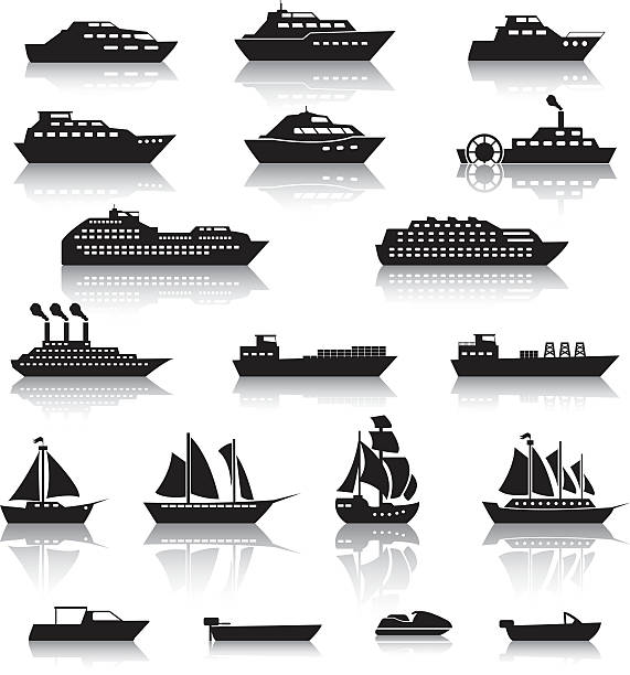 ilustraciones, imágenes clip art, dibujos animados e iconos de stock de barco conjunto de iconos de destino - river passenger ship nautical vessel military ship