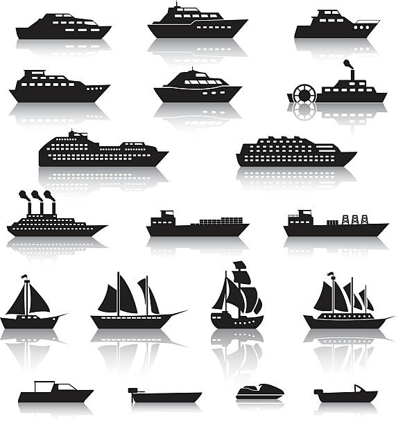 Ship Boat Icons Set Ship Boat Icons industrial ship military ship shipping passenger ship stock illustrations