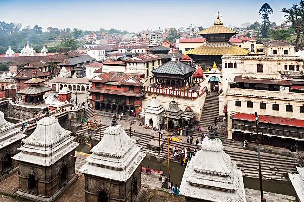 Panorama view of Pashupatinath temple and cremation ghats, Khatmandu