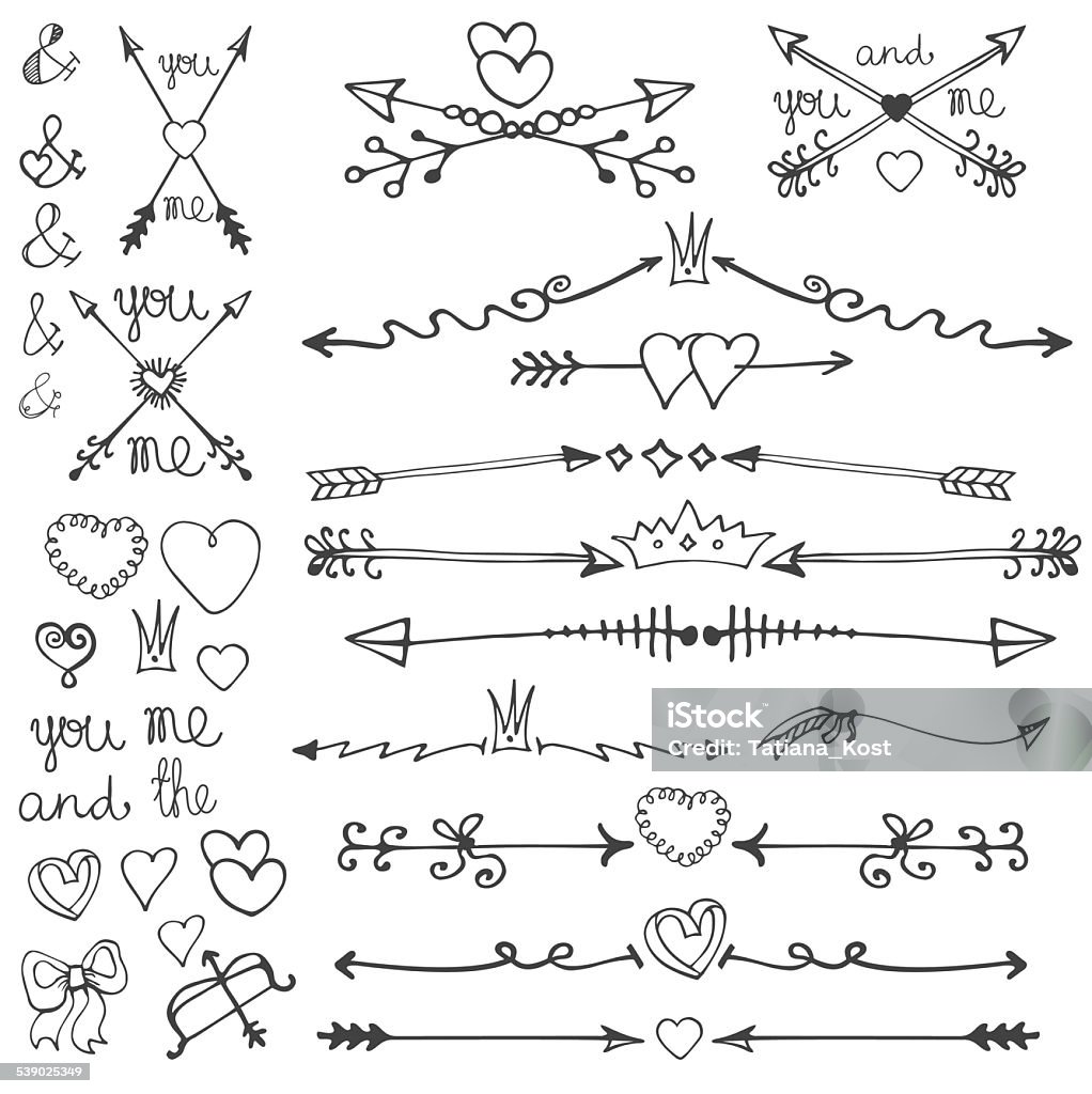 Doodle hand drawn arrows,hearts,deviders,borders decor kit Valentine's Day and Wedding arrows set:Doodle hand drawn decor ,hearts,ornamental elements.Retro deviders,borders,design template.Vintage love vector.Outline kit.  2015 stock vector