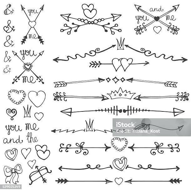 Doodle Hand Drawn Arrows Hearts Deviders Borders Decor Kit Stock Illustration - Download Image Now