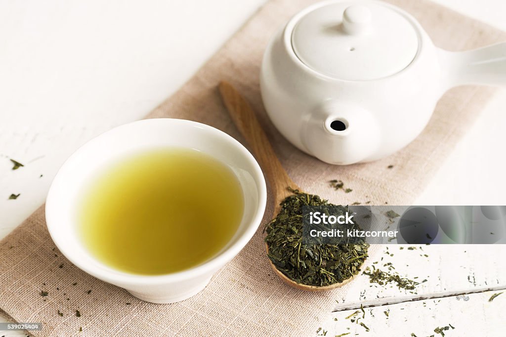 Japanese green tea Japanese green tea on white wooden table Green Tea Stock Photo