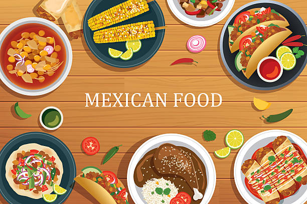ilustrações de stock, clip art, desenhos animados e ícones de comida mexicana num fundo de madeira, vista superior do vector comida mexicana - pepper chili pepper frame food