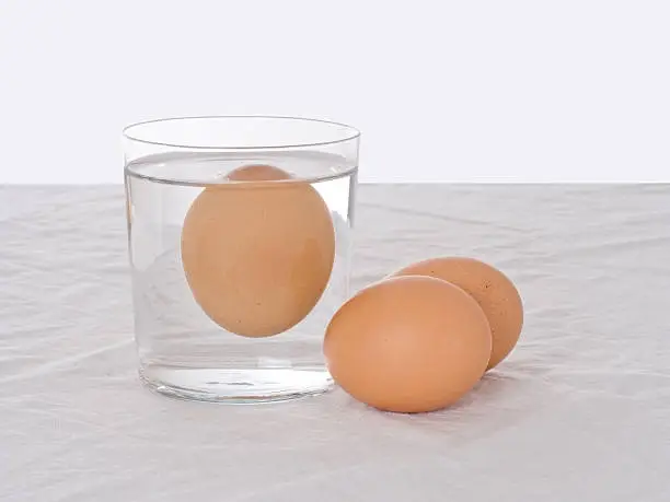 Photo of Testing fresh eggs. Rotten one, floating in water. Salmonella risk.