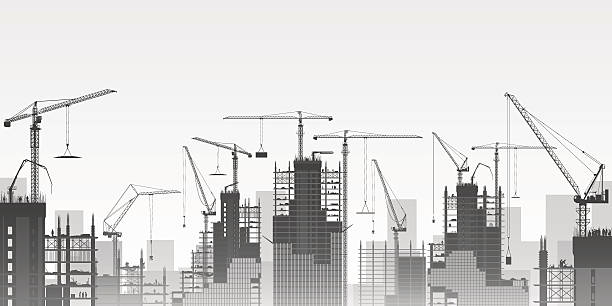 ilustrações, clipart, desenhos animados e ícones de tower grous - silhouette crane construction construction site