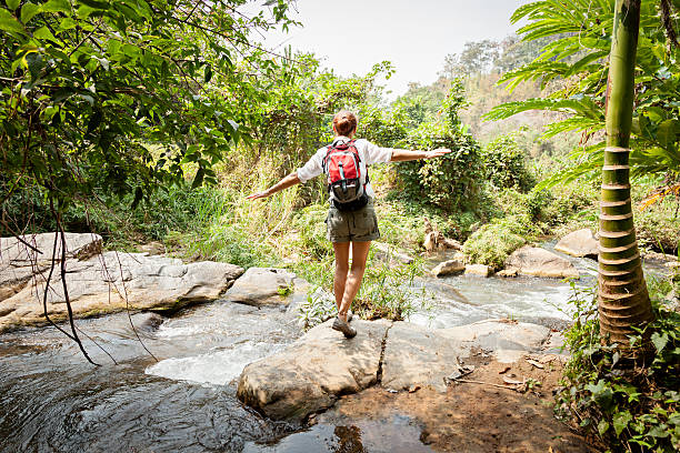istock Woman with backpack hiking in rainforest jungle 539057263