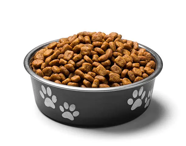 A bowl of dog food on white background, isolated with clipping path attached.  Please see my portfolio for other pet related images.