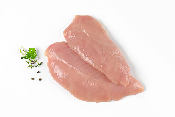 raw turkey breast fillets raw turkey breast fillets with spice and herbs on white background turkey breast stock pictures, royalty-free photos & images