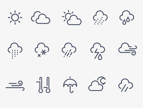 Set of 15 weather icons. Thin lines