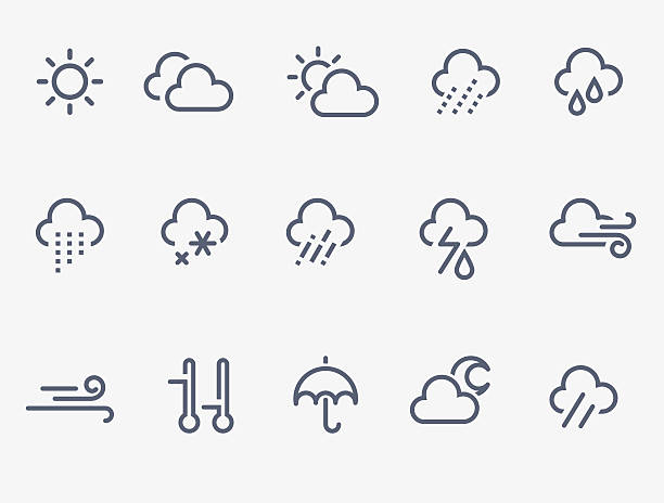 weather icons Set of 15 weather icons. Thin lines rain silhouettes stock illustrations