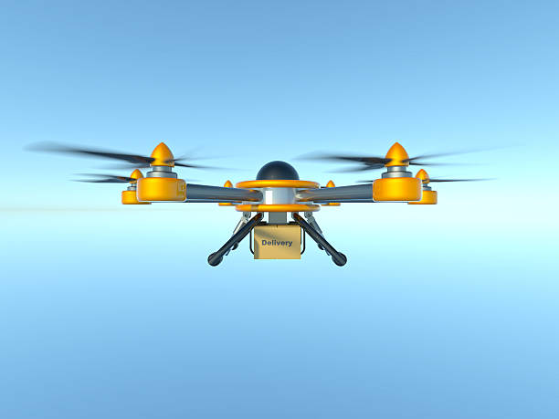 istock Yellow and gray hexacopter. Shipping to home. Flying courier. 3d 539090334