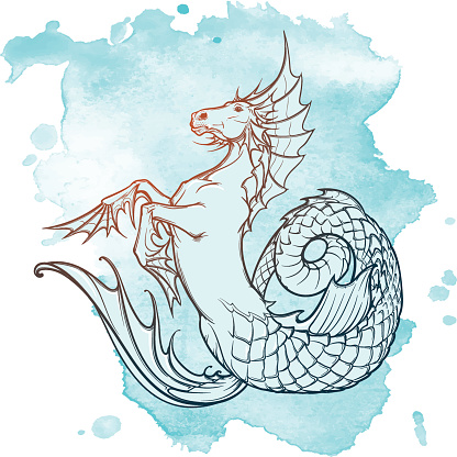 Hippocampus greek mythological creature. Kelpie scottish fairy tale water horse. Vintage tattoo design. Sketch on a grunge background. EPS10 vector illustration.
