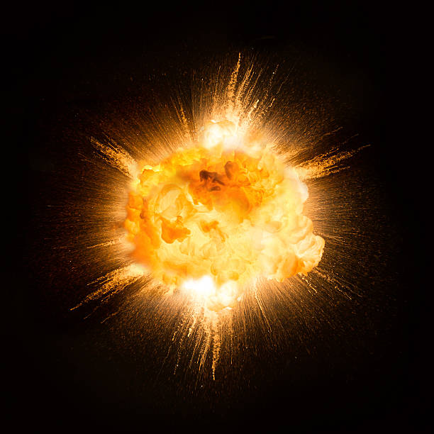 realistic fiery explosion busting over a black background - 爆炸 個照片及圖片檔