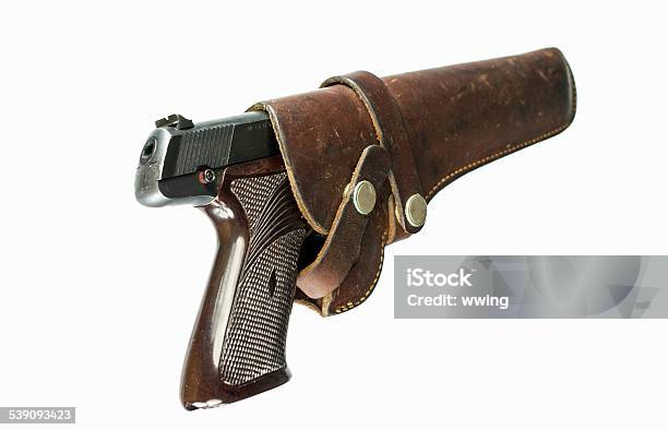 Semiautomatic Pistol And Firearm Holster On White Background Stock Photo - Download Image Now