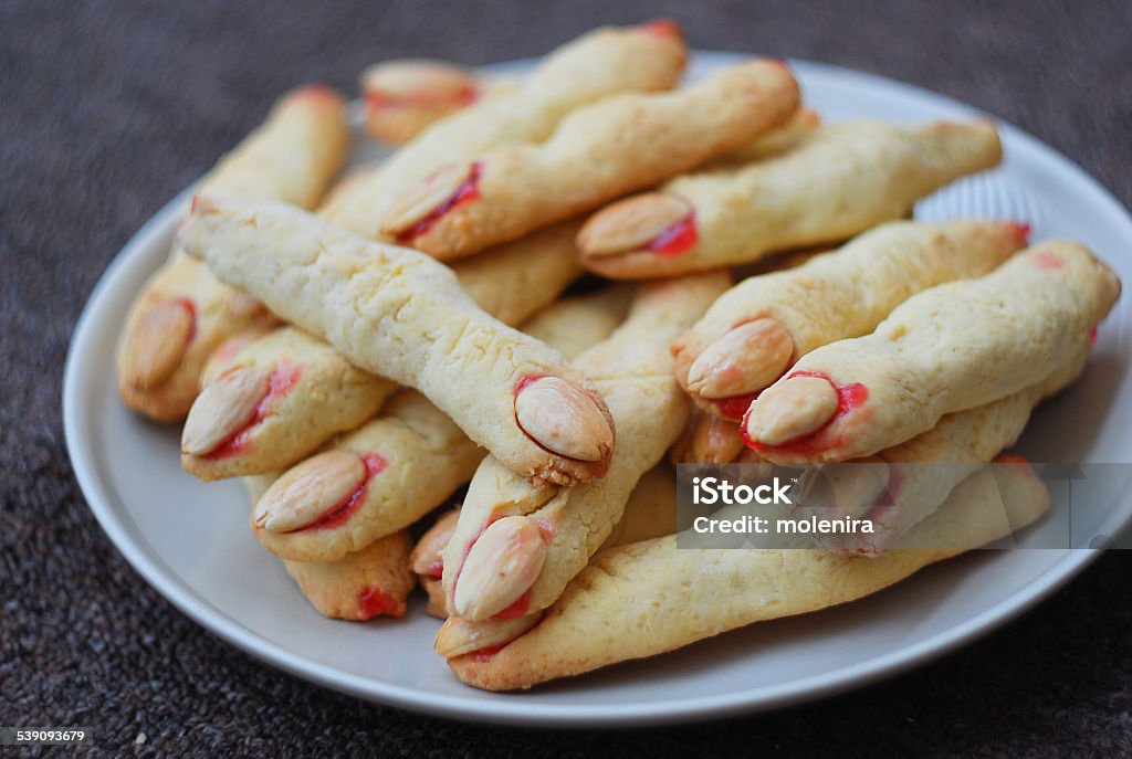 Plate with cookies in witch fingers form Cookies are like real fingers of old witch 2015 Stock Photo