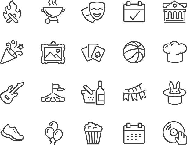 Line Event Icons Simple Set of Event Related Vector Line Icons. Contains such Icons as Bonfire, Guitar, Popcorn, Party, Festival and more. Editable Stroke. 48x48 Pixel Perfect. Museum stock illustrations