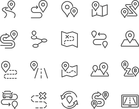 Simple Set of Route Related Vector Line Icons. Contains such Icons as Map with a Pin, Route map, Navigator, Direction and more. Editable Stroke. 48x48 Pixel Perfect.