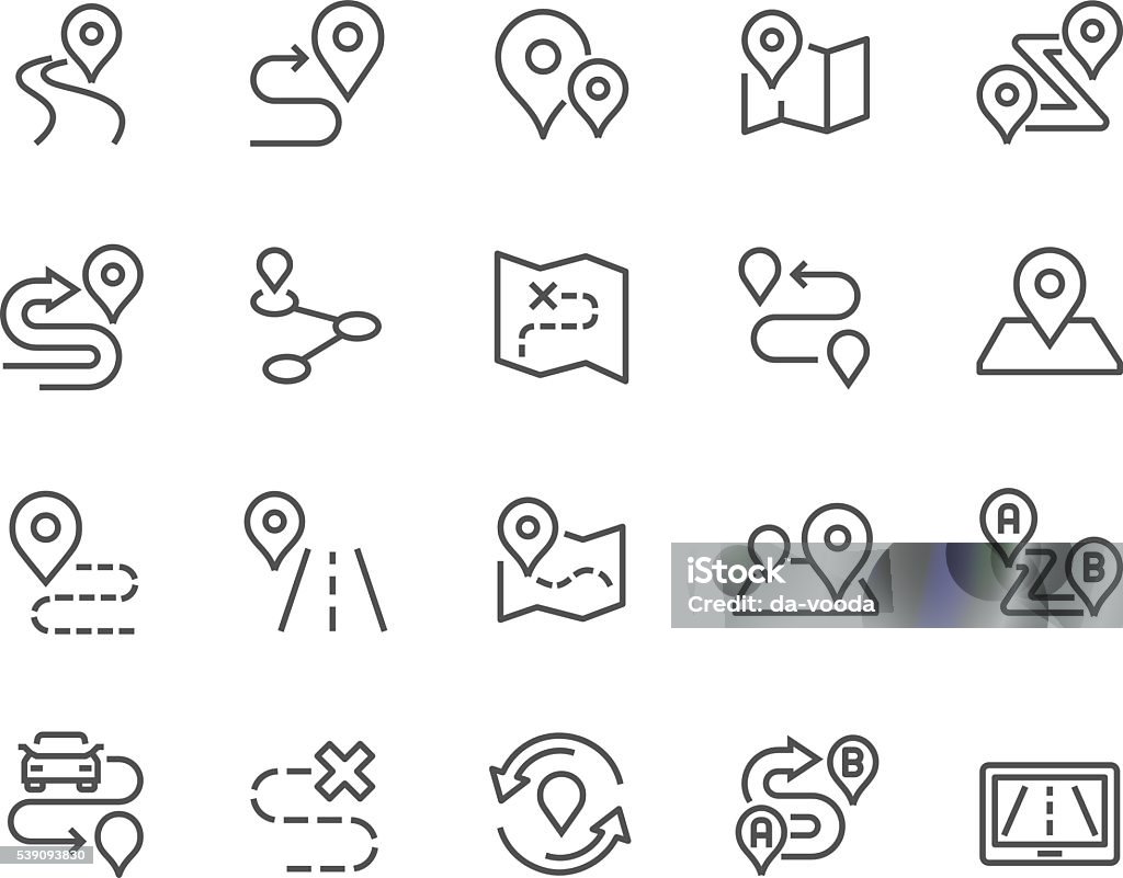 Line Route Icons Simple Set of Route Related Vector Line Icons. Contains such Icons as Map with a Pin, Route map, Navigator, Direction and more. Editable Stroke. 48x48 Pixel Perfect. Icon Symbol stock vector