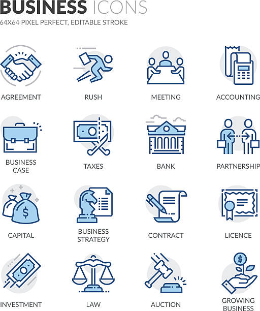 Line Business Icons Simple Set of Business Related Color Vector Line Icons. Contains such Icons as Handshake, Business Meeting, Law, Licence and more. Editable Stroke. 64x64 Pixel Perfect. tax authority stock illustrations