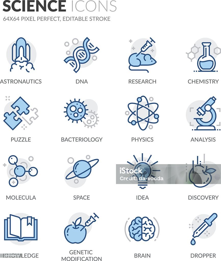 Line Science Icons Simple Set of Science Related Color Vector Line Icons. Contains such Icons as DNA, Analysis, Research, Genetic Modification and more. Editable Stroke. 64x64 Pixel Perfect. Icon Symbol stock vector