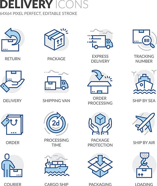 linia ikony dostawy - warehouse distribution warehouse crate box stock illustrations