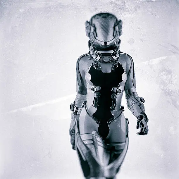 Futuristic spacesuit, astronaut, cyborg.
