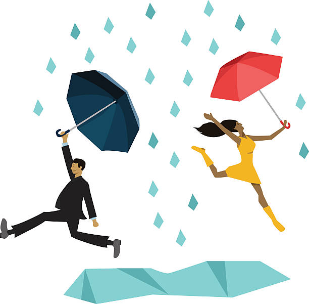 mann und frau tanzen im regen - happy men rain water dance stock-grafiken, -clipart, -cartoons und -symbole