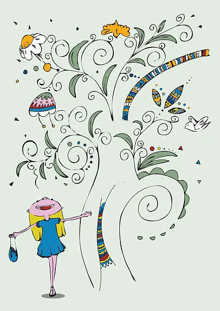 Vector illustration of Little girl with tree