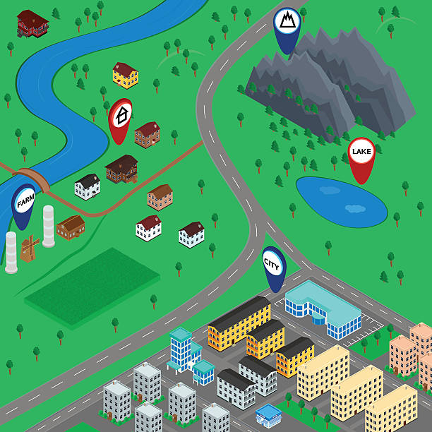 3D map landscape vector illustration. cartoon 3D map landscape with signs, city, road, village, mountain, river, lake, farm. The building of houses. gps navigation. Isometric. 3d uk map stock illustrations