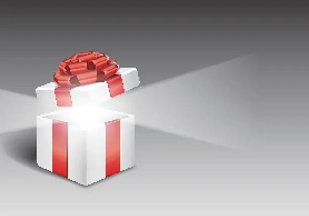 Vector illustration of Open gift box with bright light