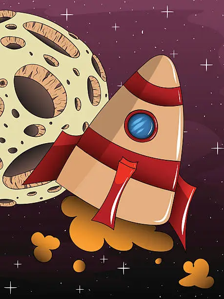 Vector illustration of cartoon rocket spaceship with space background