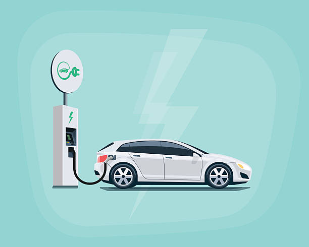 Electric Car Charging at the Charging Station on color background Flat vector illustration of a white electric car charging at the charger station with road sign. Electromobility eco e-motion concept. Electric car charging on pastel turquoise background. electric motor white background stock illustrations