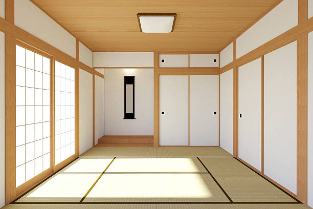 leere wohnzimmer interieur im japanischen traditionellen und minimalen design - tatami matte stock-fotos und bilder