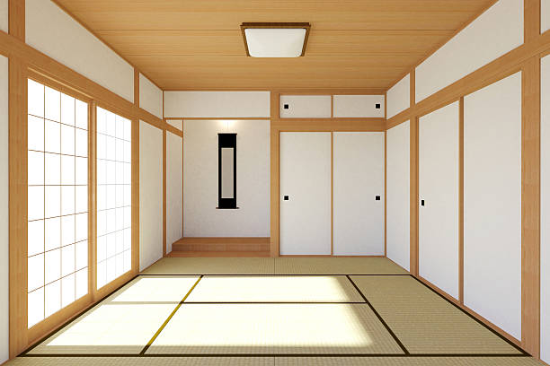 Empty Japanese living room interior in traditional and minimal design stock photo