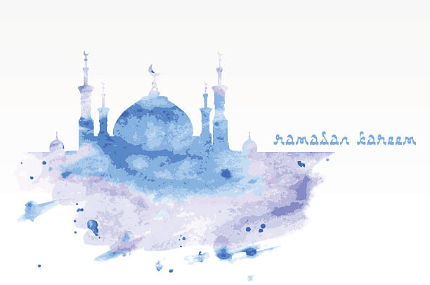 mosque with minarets on watercolor background Silhouette of mosque with minarets on watercolor background. Concept for Islamic Muslim holiday for celebration holy month of Ramadan Kareem. Greeting card for Ramadan Kareem muhammad prophet stock illustrations