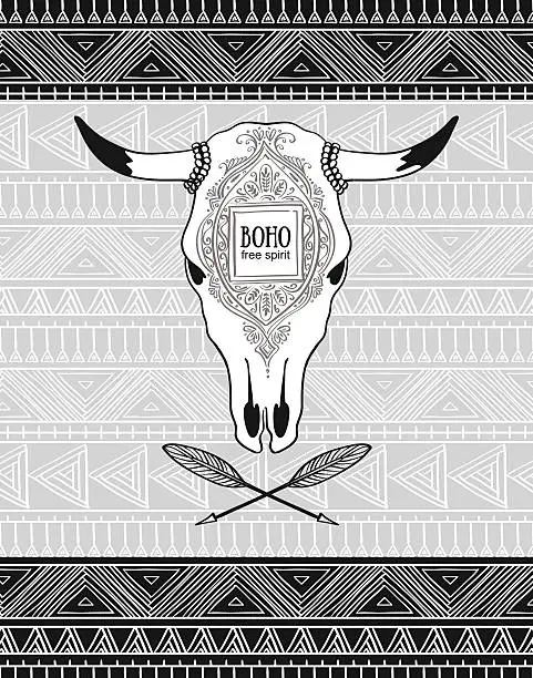 Vector illustration of Vector card with crossed ethnic arrows and bull skull.