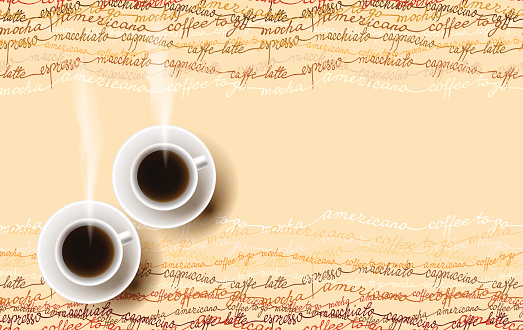 Horizontal coffee design with coffe mocha, americano, espresso text lines texture and two cups of hot coffee. Coffee time banner design for coffee shop, restaurant menu, cafeteria. Vector background.