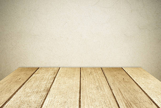istock Cement wall and old wood floor in perspective, background 539104413
