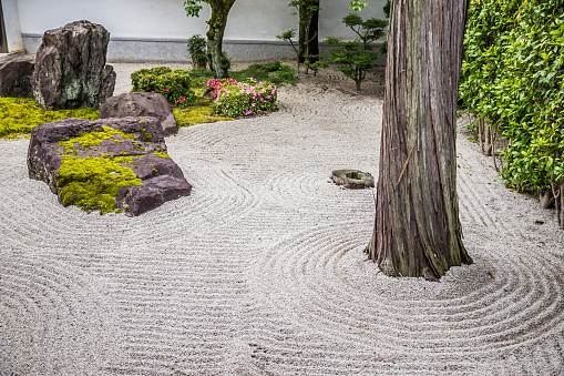 View from Hyakumanben Chion-ji Temple Gardens. The Japanese rock garden (枯山水 karesansui) or \