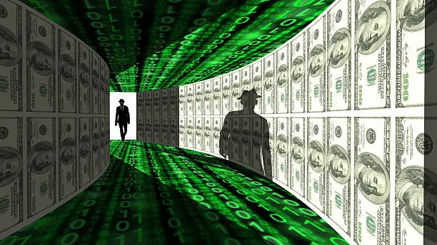 A silhouette of a hacker with a black hat in a suit enters a hallway with walls textured with dollar bills 3D illustration cybersecurity concept