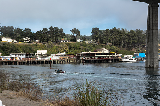 Fort Bragg,California,USA - July 19, 2014 : View of the Noyo River and the stilts along the riverside
