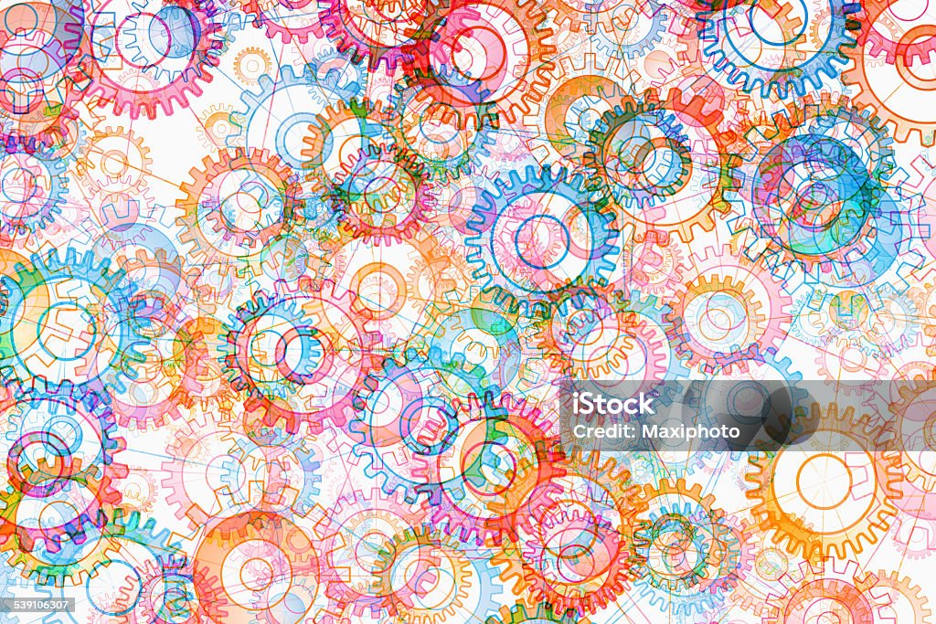 Confusion and chaos: multicolored spinning gears background Network made of various multicolored spinning gears connected each other, floating on a confused background filled with chaos and colors. Cluttered stock illustration