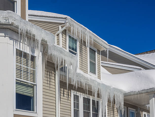 Ice dams and snow on roof and gutters Ice dams and snow on roof and gutters after bitter cold in New England, USA dam stock pictures, royalty-free photos & images