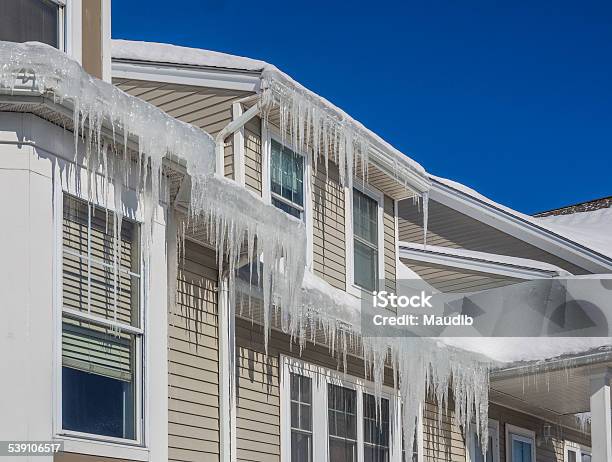 Ice Dams And Snow On Roof And Gutters Stock Photo - Download Image Now - Ice, Dam, Rooftop